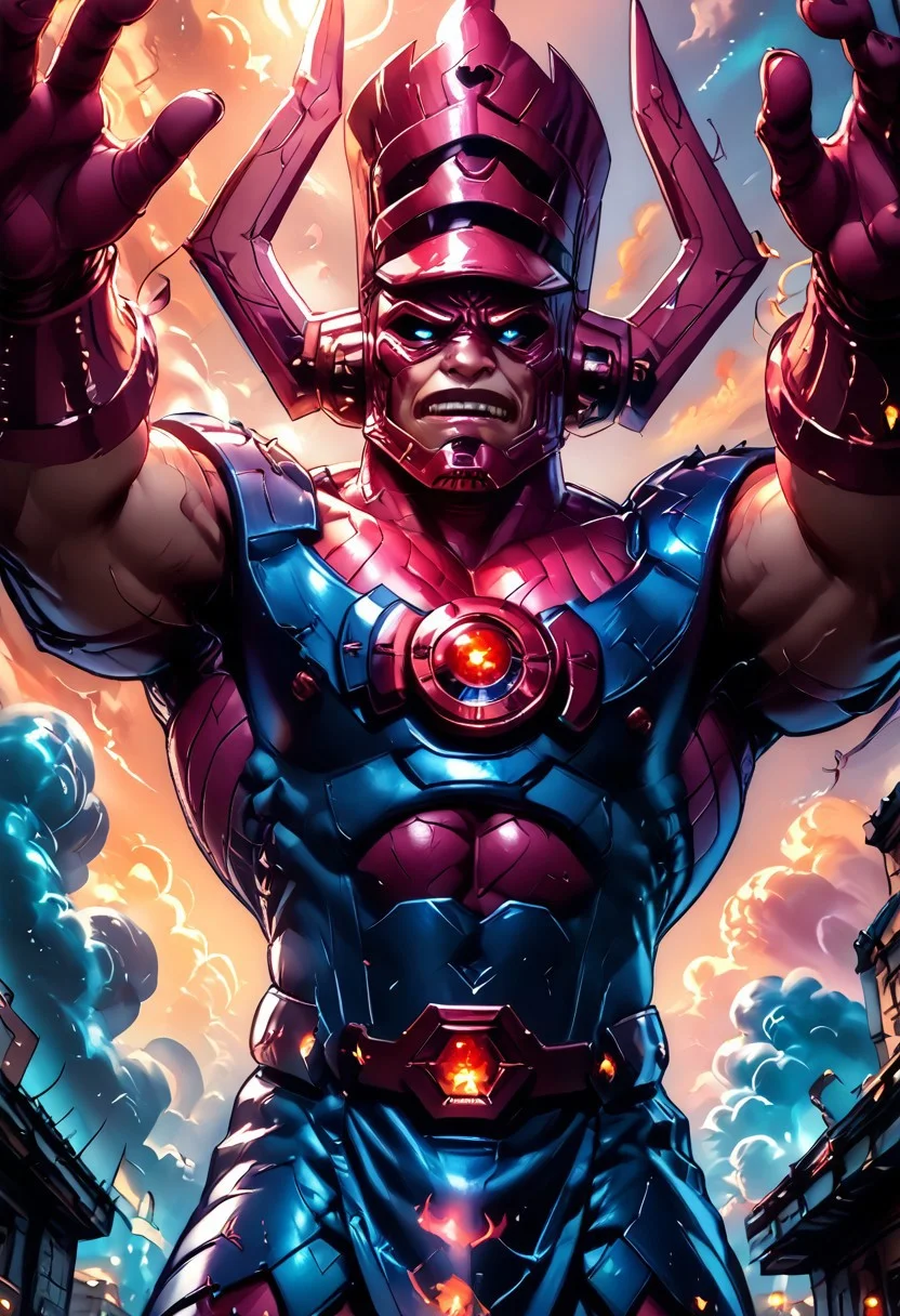 score_9, score_8_up, score_8, score_7_up, score_7, rating_safe, 1man, size difference, super scale, in the heavens, sky being,
An anime-style, comic-inspired illustration capturing the head of Galactus looming ominously in the sky above a sprawling modern city skyline at dusk. Towering skyscrapers are dwarfed by his colossal presence, with swirling clouds and a dark, brooding color palette emphasizing the sheer scale and power of this cosmic entity. The mood is foreboding and filled with dread, as the citizens below witness Galactus’s massive, otherworldly form dominating the horizon in dramatic detail