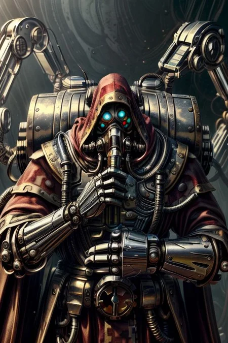 ((masterpiece,best quality)), absurdres, BREAK
mechanical arms, robes, hood, BREAK
((techpriest)), cyborg, mechanical face, mechanical limbs, gas mask, mechanical tentacles, (mechanical backpack), blue cloak, BREAK
1other, solo, holding gun, weapon, gun, firearm, BREAK
(chrometech ),