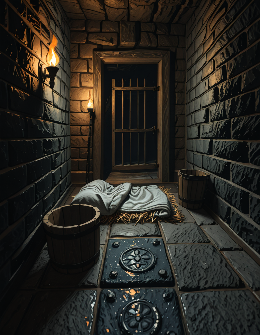 A hyper-realistic photo of a dark medieval dungeon cell inspired by Skyrim, with cold, damp stone walls covered in patches of moss and cracks. The floor is made of uneven cobblestones, partially wet with small puddles reflecting dim torchlight. An old, rusted iron-barred door is slightly ajar, casting long shadows on the ground. In the corner, a pile of straw serves as a makeshift bed, with a thin, tattered blanket thrown over it. Chains and shackles hang from the walls, showing signs of centuries of use. A small wooden bucket sits beside the bed, used as a primitive toilet. The atmosphere is heavy and oppressive, filled with a faint mist in the air. The only source of light comes from a single flickering torch mounted on the wall outside the cell, creating dramatic, warm orange glows contrasting with deep, cold shadows. The photo is taken from a slightly low angle, as if from the perspective of someone crouched on the floor inside the cell, adding a sense of claustrophobia and confinement. Ultra-realistic textures, high detail, cinematic lighting, 4K quality.
<lora:SDXLFaeTastic2400:0.4> <lora:extremely_detailed:0.4> extremely detailed,,dungeon c3ll <lora:dungeon_c3ll-i:1>, Masterpiece,best quality,hi res,8k,hi res,8k,award winning,(sharp focus, intricate, highly detailed),