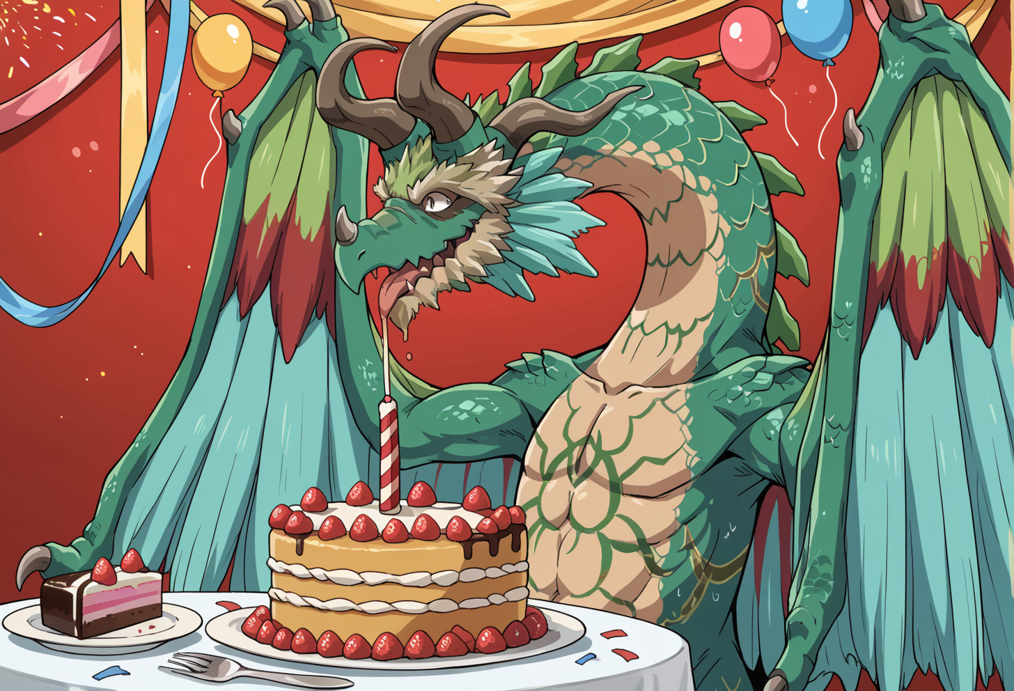 score_9, score_7_up, source_anime, BREAK <lora:AEVentuswill (2):0.8>  AEVentuswillDra, feathered wings, tail, green scales, green wings, red wings, facial hair, wyvern, horns, 
birthday cake, food on face, eating,