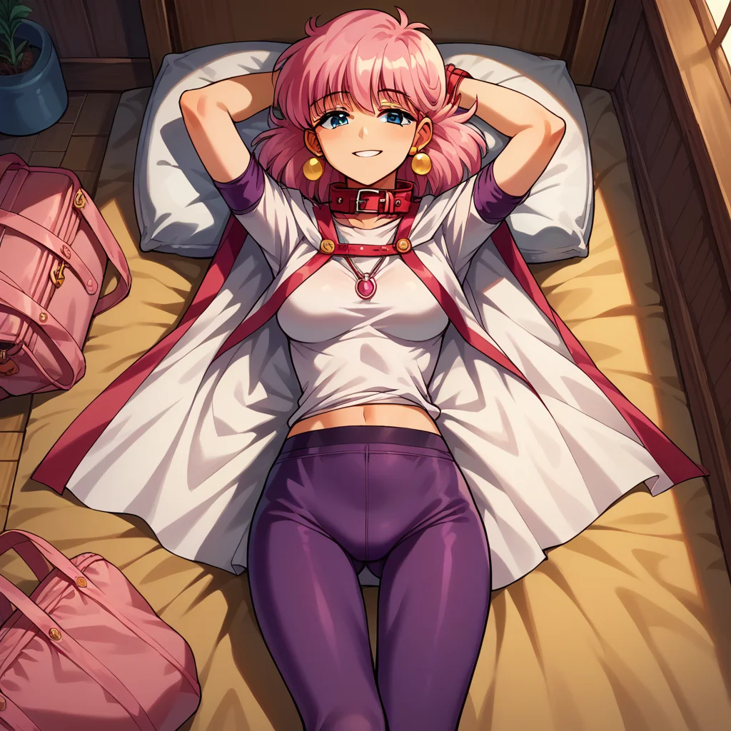 score_9, score_8_up, score_7_up, score_6_up, BREAK source_anime,Absurdres, 1girl, solo, bedroom, lying, hands behind head, smile, KRSillPlain, cape, collar, earrings, pink bag,purple leggings, standing,<lora:KRSillPlain_SDXL-000005:1>