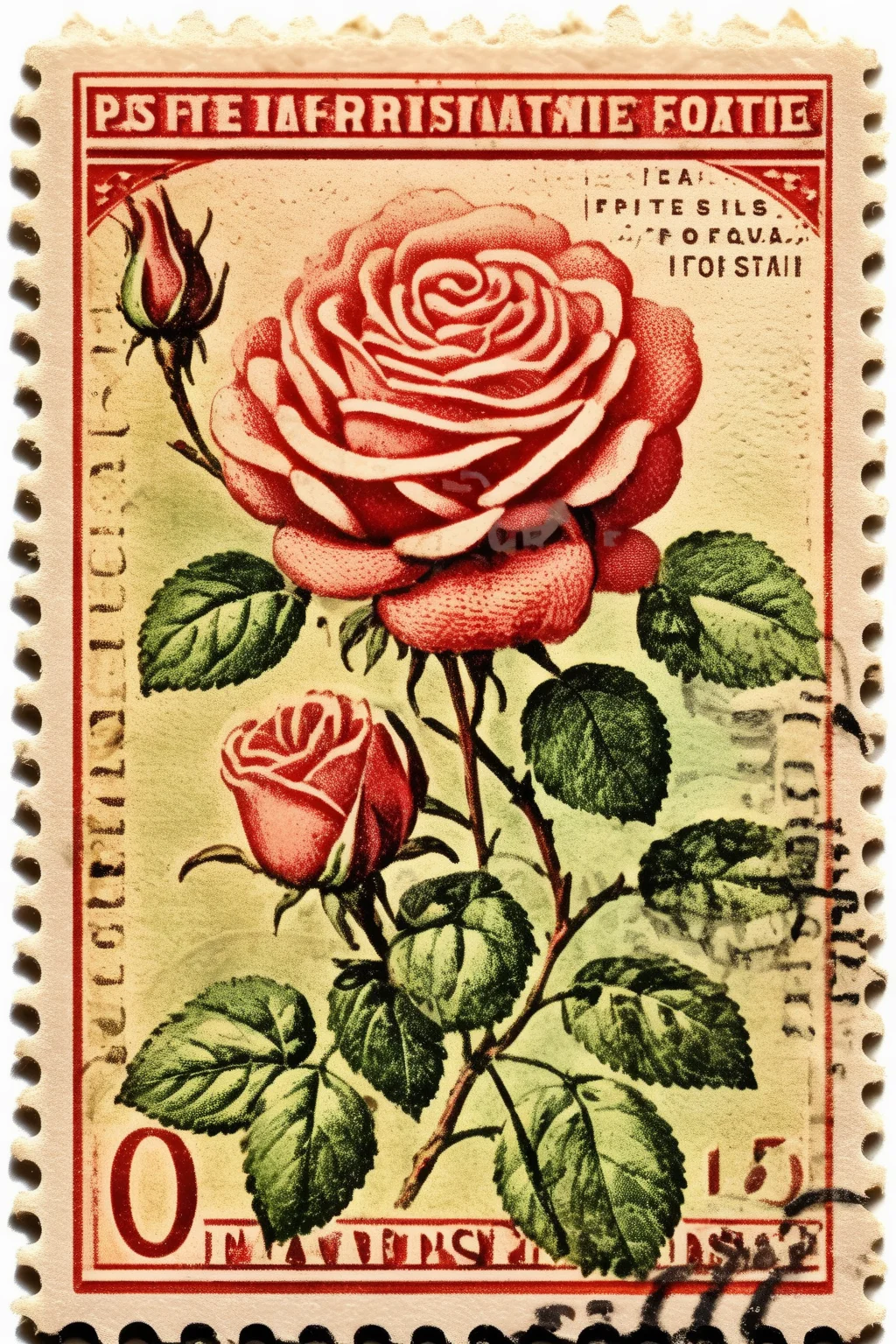 <lora:Vintage Postage Stamps:1>Vintage Postage Stamps - slightly distressed vintage french stamp, with roses, isolated on solid white background