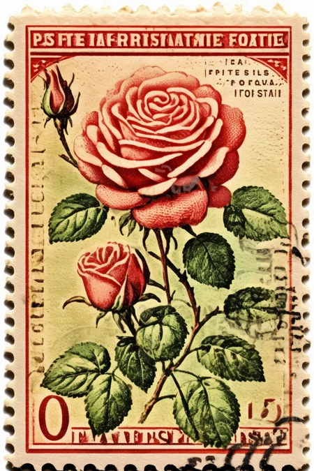 <lora:Vintage Postage Stamps:1>Vintage Postage Stamps - slightly distressed vintage french stamp, with roses, isolated on solid white background