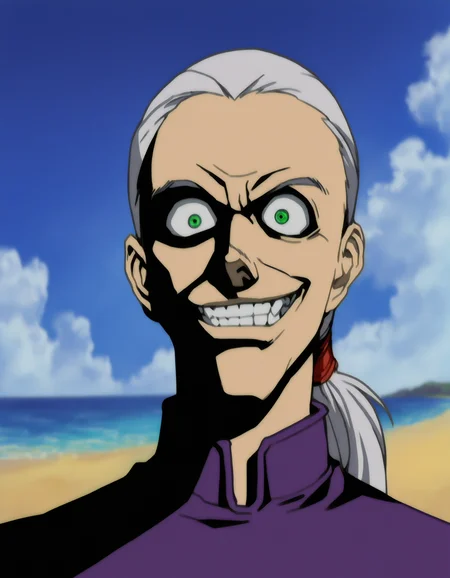 masterpiece, absurdres, best quality, refined digital art,
Enrico Maxwell, anime screenshot, 1990s (style), 1boy, male focus, solo, evil smile, smile, grin, evil grin, grey hair, green eyes, parody, ponytail, looking at viewer, crazy eyes, portrait, meme, teeth,
beach, outdoors, sunshine, parody,
(chainsaw man, one punch man, tekken, street fighter, the king of fighters:0.2),
cinematic, anime screencap, character art, clear lines, soft colors, anime aesthetic, 1990s, 
artist: hungry clicker, artist: optionaltypo,
<lora:Hellsing classic Illustrious:0.95>
