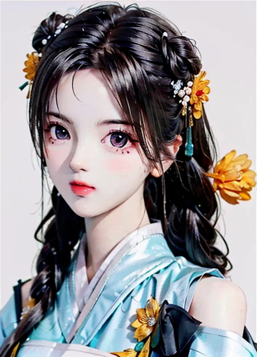 (ultra high res,photorealistic,realistic,best quality,photo-realistic),
(high detailed skin,visible pores),(real person,photograph),
(((white gold hanfu,chinese style))),realistic,simple background,upper body,
(8k, raw photo, best quality, masterpiece),(1 girl),photon mapping, radiosity, physically-based rendering,automatic white balance,(((long hair))),watery eyes,
(blush|cute and playful|adorable|skinny|thick bangs|beauty|twintail|hair bun,),(looking at viewer),(irises and pupils are rounded,the pupil reflects the surroundings,eyes are not the same size),<lora:Moxin_10 (1):0.5> , double ponytail hair, <lora:Yangchaoyue_V1:1>, pink flower, yellow flower,