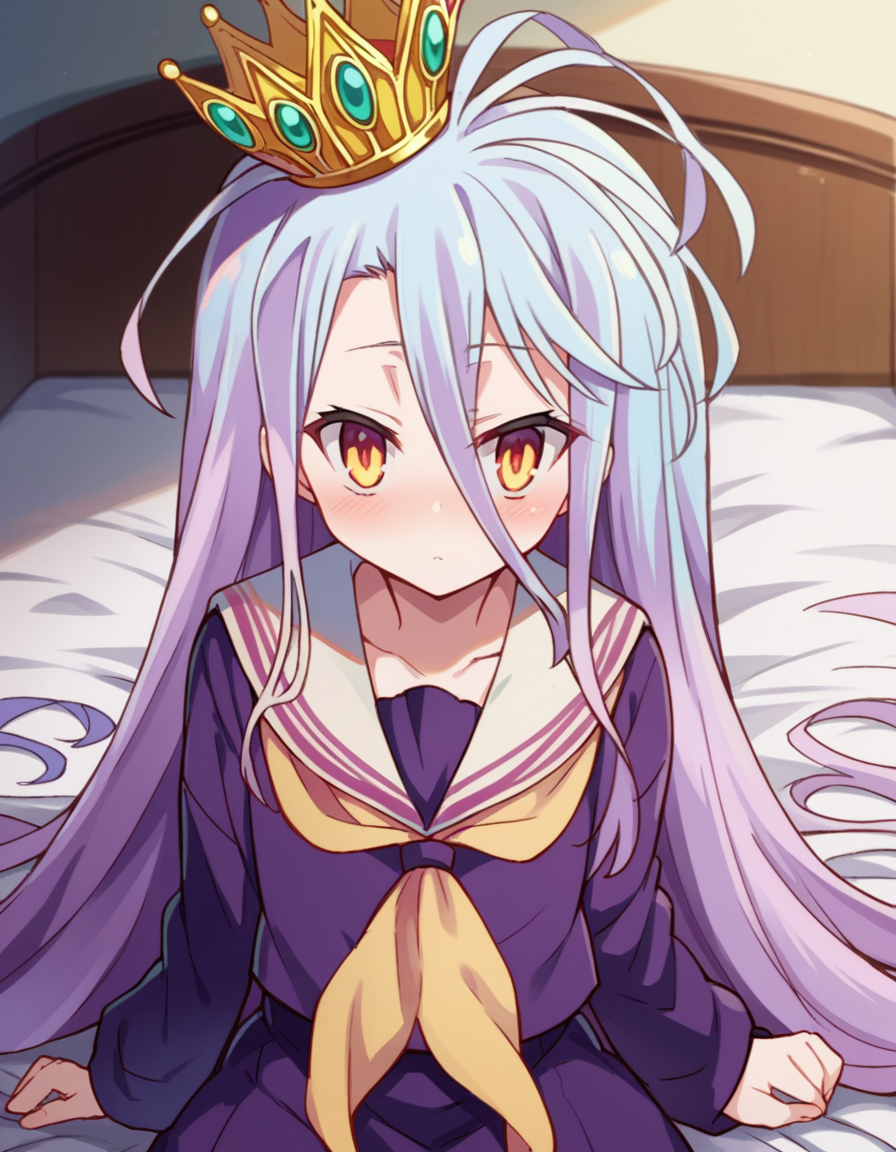 score_9, score_8_up, score_7_up, source_anime,
ngnlshiro, <lora:ngnl-shiro-s1-ponyxl-lora-nochekaiser:1>
shiro, long hair, hair between eyes, very long hair, white hair, messy hair, yellow eyes,
crown, shirt, long sleeves, school uniform, serafuku, sailor collar, neckerchief, white sailor collar, yellow neckerchief,
indoors, bed, bed room, on side, blush, drunk,
looking at viewer, dutch angle, cowboy shot