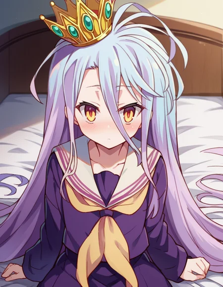 score_9, score_8_up, score_7_up, source_anime,
ngnlshiro, <lora:ngnl-shiro-s1-ponyxl-lora-nochekaiser:1>
shiro, long hair, hair between eyes, very long hair, white hair, messy hair, yellow eyes,
crown, shirt, long sleeves, school uniform, serafuku, sailor collar, neckerchief, white sailor collar, yellow neckerchief,
indoors, bed, bed room, on side, blush, drunk,
looking at viewer, dutch angle, cowboy shot