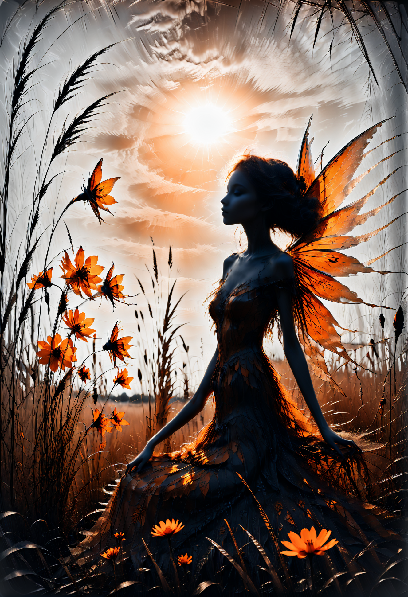 high-contrast monochrome palette, subtle grain, timeless feeling, cinematic quality, modern art photograph, silhouette of a beautiful fairy woman, melancholic, fine art photography, shot on Canon EOS 5D Mark III, some orange, tall grass, flowers, rooks, from below,
<lora:we_fairy_r1-000005:0.8>