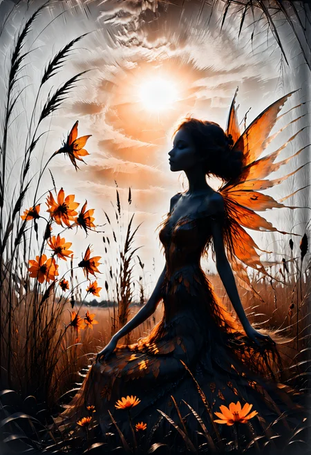 high-contrast monochrome palette, subtle grain, timeless feeling, cinematic quality, modern art photograph, silhouette of a beautiful fairy woman, melancholic, fine art photography, shot on Canon EOS 5D Mark III, some orange, tall grass, flowers, rooks, from below,
<lora:we_fairy_r1-000005:0.8>
