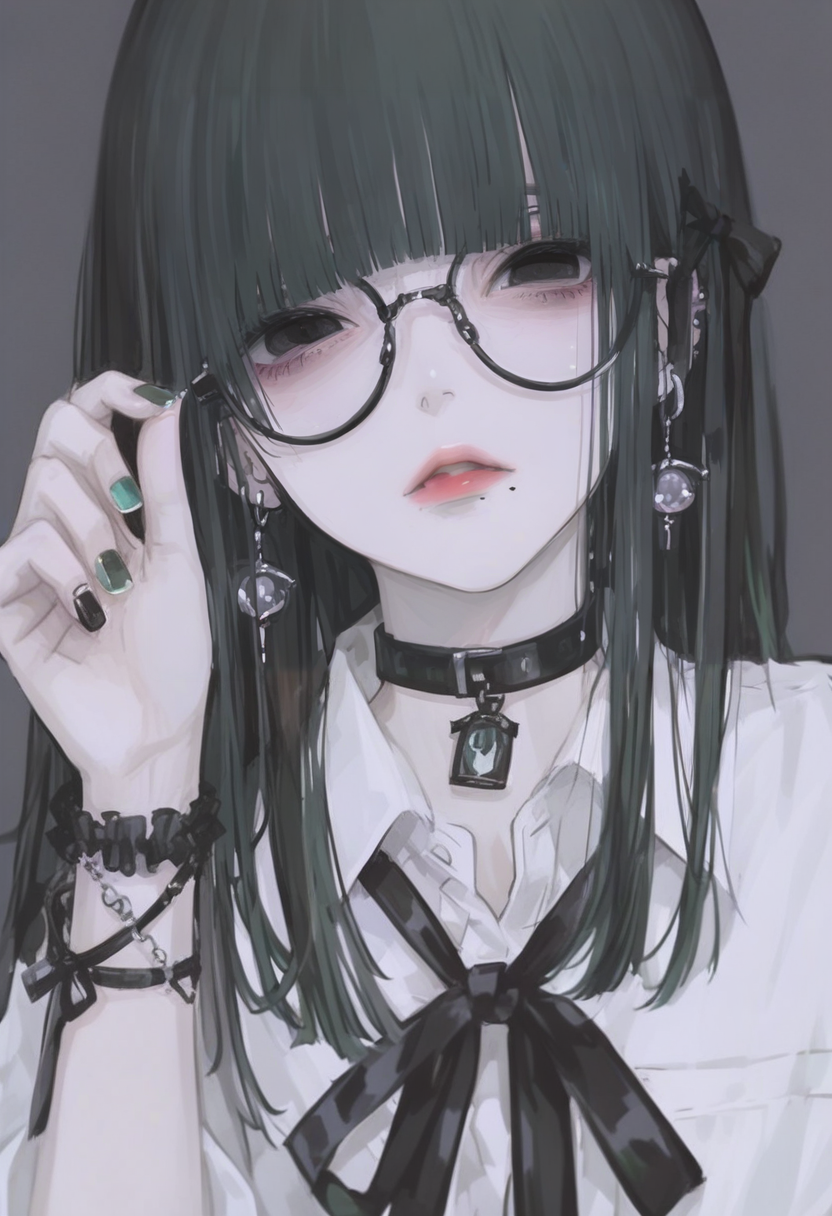 1girl, solo, jewelry, glasses, earrings, long hair, bangs, black hair, black eyes, looking at viewer, shirt, choker, simple background, white shirt, mole, collared shirt, mole under mouth, collar, parted lips, hand up, ribbon, bracelet, piercing, portrait, nail polish, blunt bangs, round eyewear, upper body, black ribbon, black choker <lora:748cmXL_NB11_lokr_V6311P:0.95>