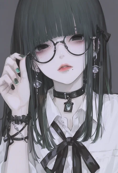 1girl, solo, jewelry, glasses, earrings, long hair, bangs, black hair, black eyes, looking at viewer, shirt, choker, simple background, white shirt, mole, collared shirt, mole under mouth, collar, parted lips, hand up, ribbon, bracelet, piercing, portrait, nail polish, blunt bangs, round eyewear, upper body, black ribbon, black choker <lora:748cmXL_NB11_lokr_V6311P:0.95>