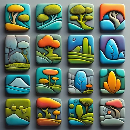 <lora:artfullyTILES_SDXL_V1:0.7>,icon collection arranged in a grid of a set of different colored , abstract colorful MOSS, landscapes set set, bright glazes, ceramic, decorative relief, iconographic motifs, icons set isolated on grey background c, in the style of tactile textured paintings, luminous 3d objects, opaque resin panels, organic stone carvings, rounded forms, surrealistic ceramic sculptures, tonal colors, vibrant color blocks, vibrant fantasy landscapes, hyper-detailed illustrations, colorful biomorphic forms