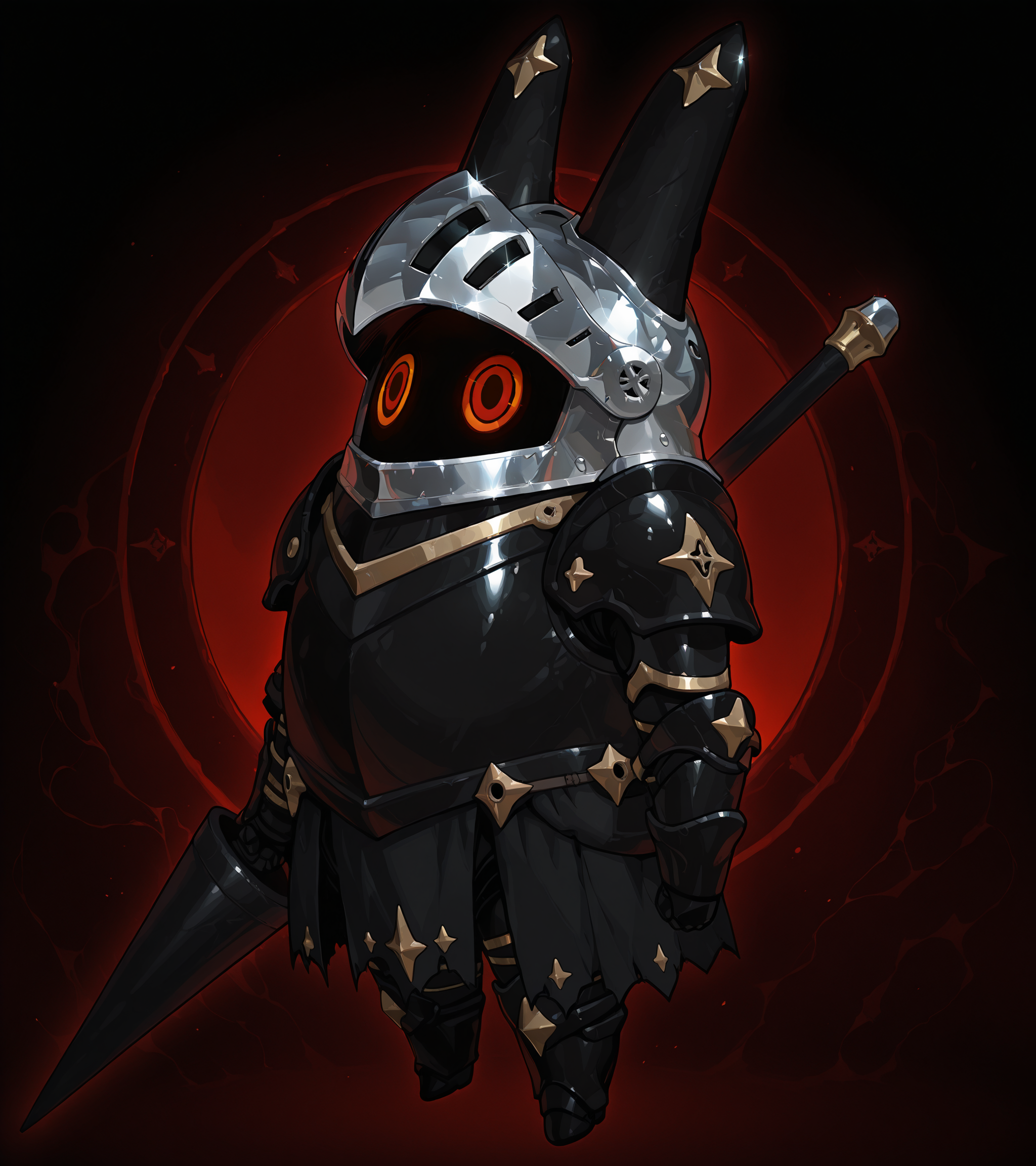 masterpiece, best quality, shiny metal bangboo, black armor body, black armor helmet head, dark fantasy background, redcircular eyes, full body,  knight theme,  holding lance, <lora:bangboo-v2-illustrious:1>