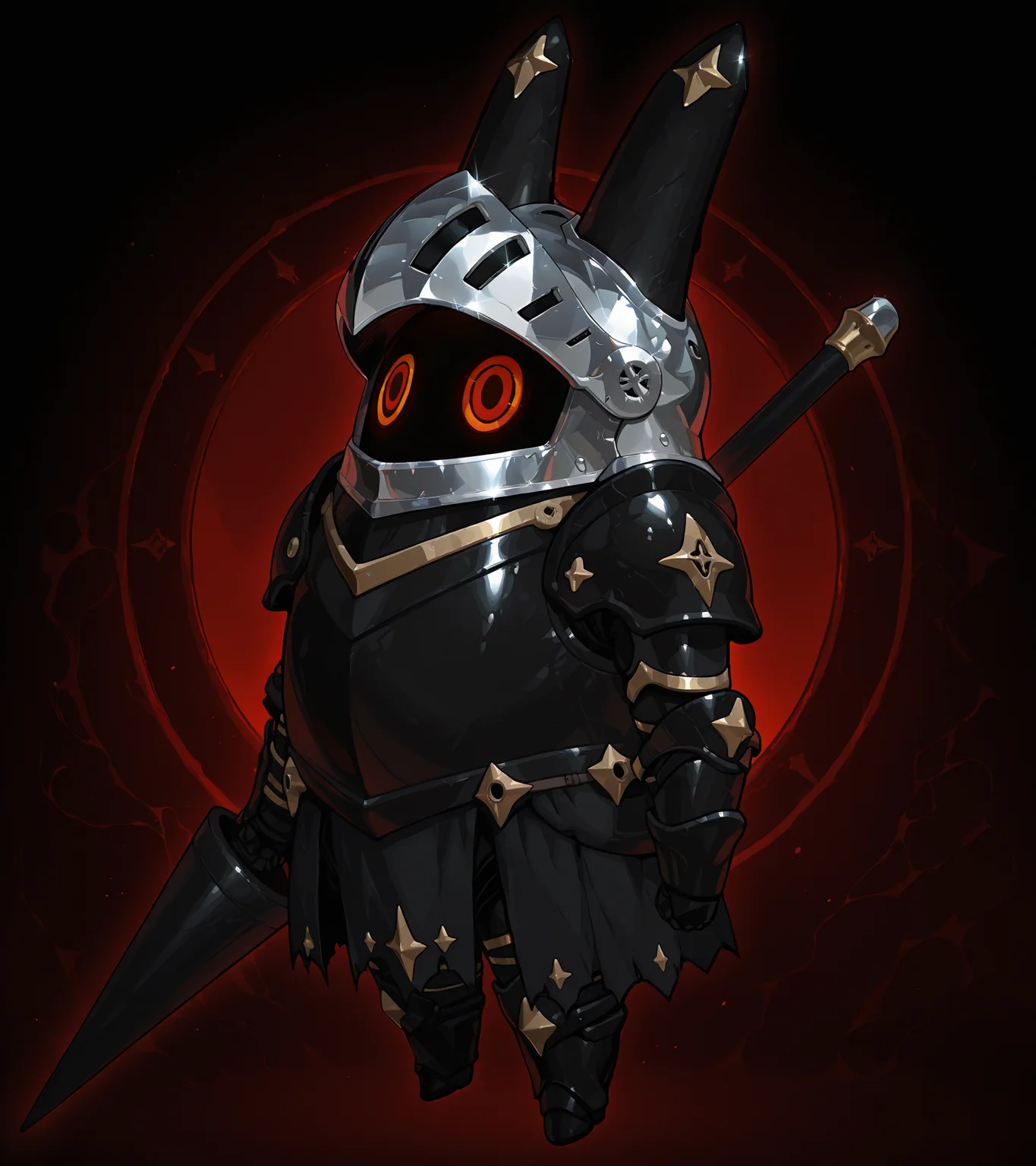 masterpiece, best quality, shiny metal bangboo, black armor body, black armor helmet head, dark fantasy background, redcircular eyes, full body, knight theme, holding lance, <lora:bangboo-v2-illustrious:1>