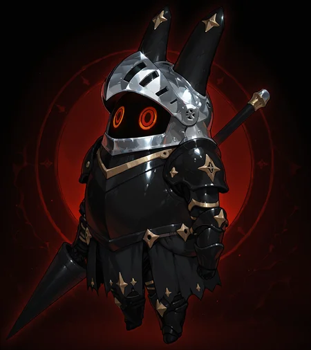 masterpiece, best quality, shiny metal bangboo, black armor body, black armor helmet head, dark fantasy background, redcircular eyes, full body, knight theme, holding lance, <lora:bangboo-v2-illustrious:1>