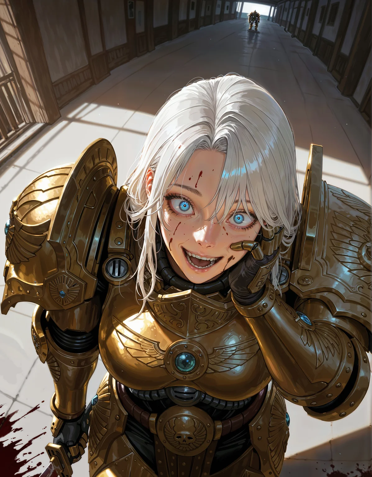 masterpiece, best quality,high quality, newest, highres,8K,HDR,absurdres, dynamic angle, realistic, 1girl, iLLCustodes40k, power armor, golden armor, teeth, open mouth, blood on face, smile, white hair, crazy eyes, holding katana, hand on own cheek, upper body, backlighting, from above, dutch angle, , close-up, photorealistic, dutch angle, from above, (((blood splatter))),fisheye, , masterpiece, best quality, amazing quality, very aesthetic, absurdres, newest, scenery, volumetric lighting <lora:iLLCustodes40k:1>