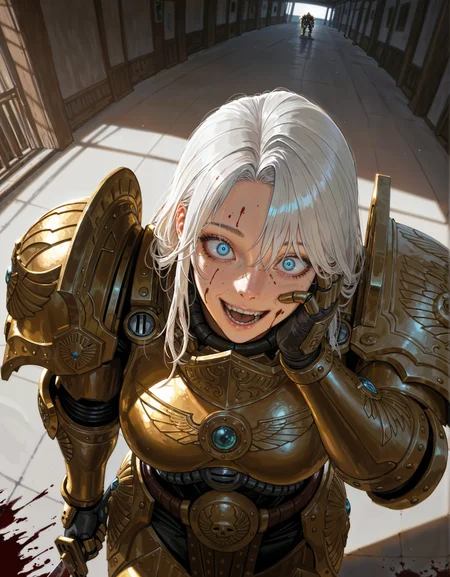 masterpiece, best quality,high quality, newest, highres,8K,HDR,absurdres, dynamic angle, realistic, 1girl, iLLCustodes40k, power armor, golden armor, teeth, open mouth, blood on face, smile, white hair, crazy eyes, holding katana, hand on own cheek, upper body, backlighting, from above, dutch angle, , close-up, photorealistic, dutch angle, from above, (((blood splatter))),fisheye, , masterpiece, best quality, amazing quality, very aesthetic, absurdres, newest, scenery, volumetric lighting <lora:iLLCustodes40k:1>