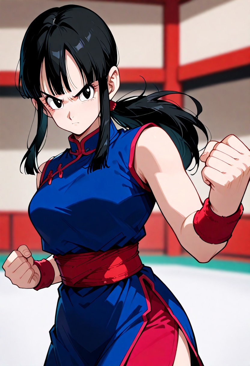 masterpiece, best quality, ultra-HD, high detail, depth of field, (blurred background),very aesthetic,8k,
chichi, 1girl, solo, black hair, long hair, black eyes, sidelocks, bangs,
outfit_dbz, ponytail, chinese clothes, blue dress, wristband, sleeveless, ((side slit)), sash, fighting stance, angry, martial arts stage,