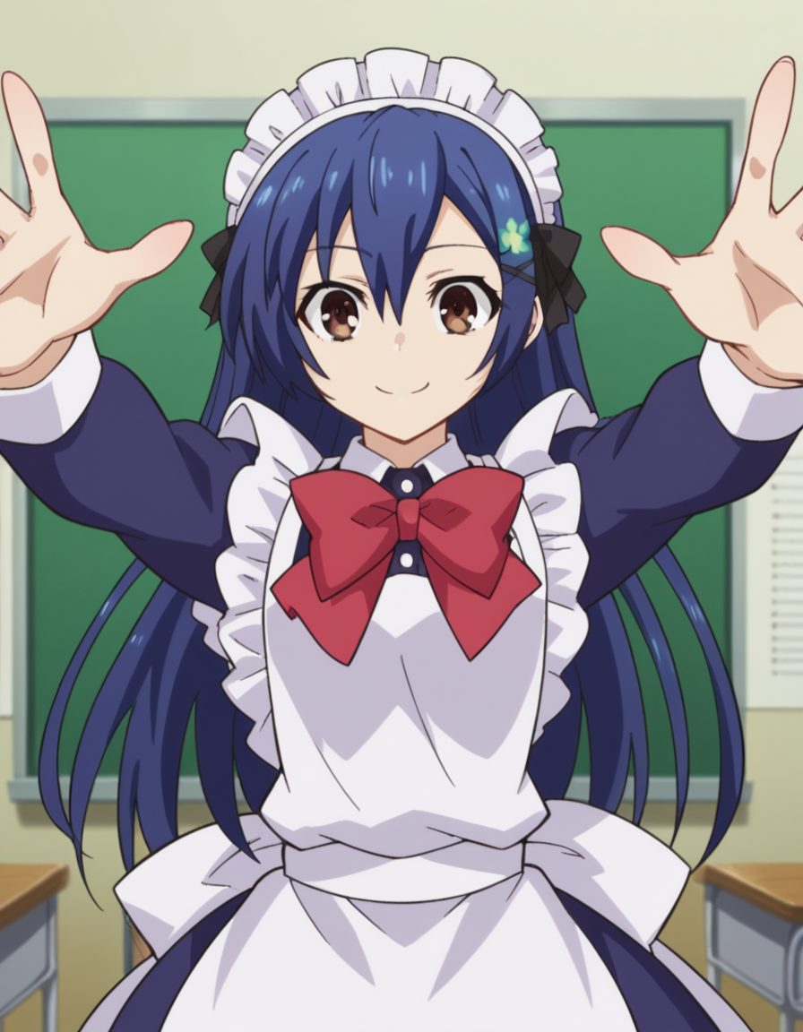 score_9, score_8_up, score_7_up, source_anime, <lora:shiori-itsuka-s2-ponyxl-lora-nochekaiser:1>, shiori itsuka, long hair, hair ornament, brown eyes, blue hair, hairclip, otoko no ko,, long sleeves, dress, bow, frills, bowtie, apron, red bow, maid, maid headdress, crossdressing, enmaided, school, classrooms, students, teachers, learning, smile, on back, arm support, arms up, incoming hug, pov, reaching, reaching towards viewer,, looking at viewer, solo,, dutch angle, cowboy shot