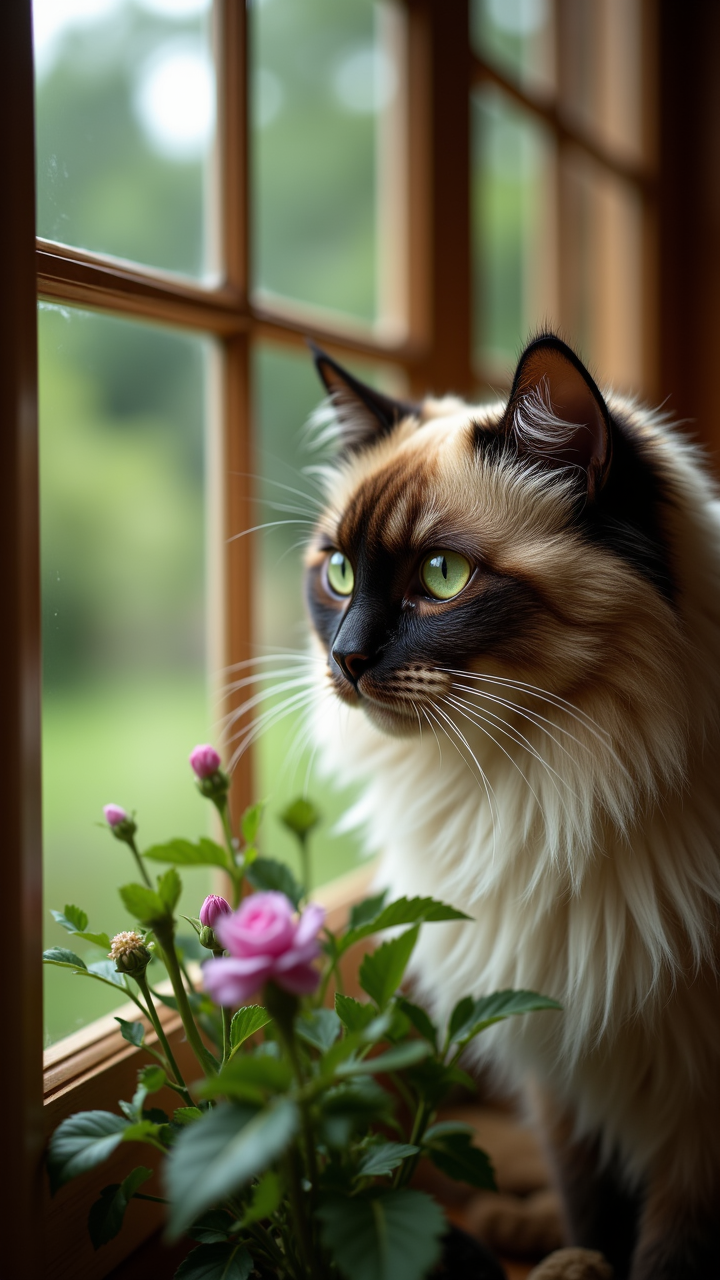 awardwinning Photograph, A regal Ragdoll Cat with long, curly whiskers and a piercing green eyes gazes out from the window of a cozy cabin nestled in a lush garden. Cinestill 50, Depth of field 270mm, aidmafluxproultra
