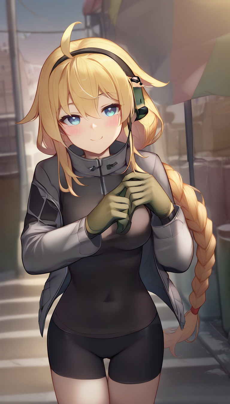 score_9,score_8_up,score_7_up,score_6_up BREAK official art,solo,outdoors,cowboy shot,looking at viewer,facing viewer,smile,blush,Whiskey Project,very long hair,blonde hair,ahoge,goggles on head,headset,single braid,ear protection,sidelocks,hair between eyes,bangs,blue eyes,grey jacket,turtleneck jacket,long sleeves,green gloves,medium breasts,bike shorts,black shorts,short shorts,knee pads,boots,<lora:Whiskey Project(vtb)-Pony:2>,