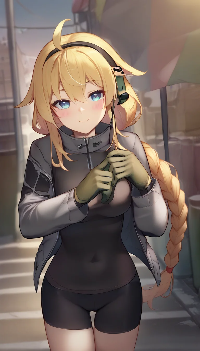 score_9,score_8_up,score_7_up,score_6_up BREAK official art,solo,outdoors,cowboy shot,looking at viewer,facing viewer,smile,blush,Whiskey Project,very long hair,blonde hair,ahoge,goggles on head,headset,single braid,ear protection,sidelocks,hair between eyes,bangs,blue eyes,grey jacket,turtleneck jacket,long sleeves,green gloves,medium breasts,bike shorts,black shorts,short shorts,knee pads,boots,<lora:Whiskey Project(vtb)-Pony:2>,