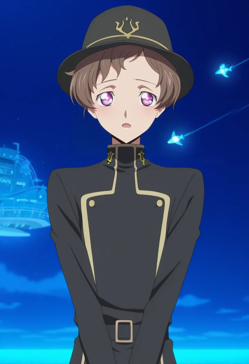 masterpiece, best quality, intricate details, anime screencap, anime coloring, official style,, 1boy, solo, male focus, <lora:rolo_lamperouge_ilxl:0.92>, rolo_lamperouge, brown hair, purple eyes, short hair, aged up, ashford academy school uniform, enchanted harbor, glowing docks, sparkling waters, magical ships, anchoring pose, adventurous expression, moonlit seas, , trucker hat