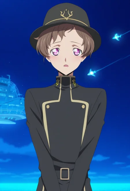 masterpiece, best quality, intricate details, anime screencap, anime coloring, official style,, 1boy, solo, male focus, <lora:rolo_lamperouge_ilxl:0.92>, rolo_lamperouge, brown hair, purple eyes, short hair, aged up, ashford academy school uniform, enchanted harbor, glowing docks, sparkling waters, magical ships, anchoring pose, adventurous expression, moonlit seas, , trucker hat
