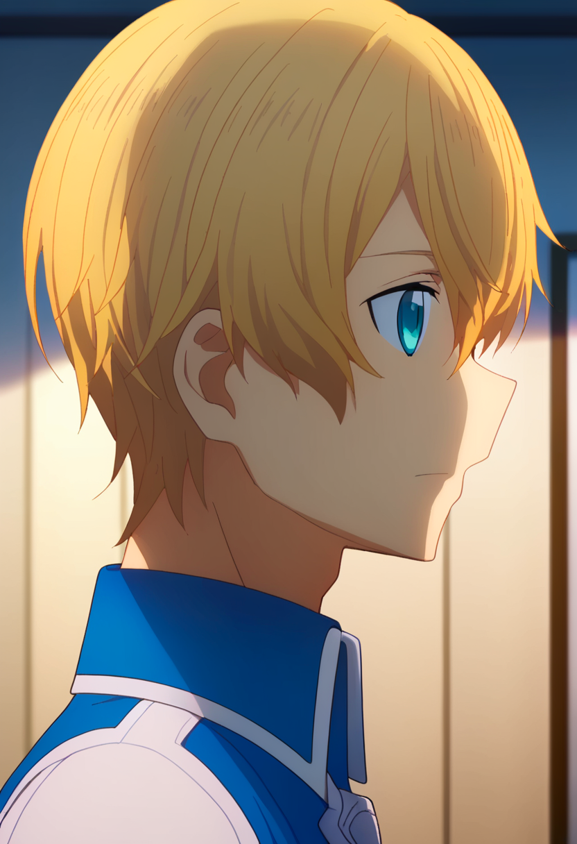 score_9,  <lora:eugeo:1> eugeo, 1boy, bangs, blonde hair, blue cape, blue eyes, close-up, eugeo, from side, hair between eyes, indoors, kirito, male focus, portrait, short hair, solo, upper body