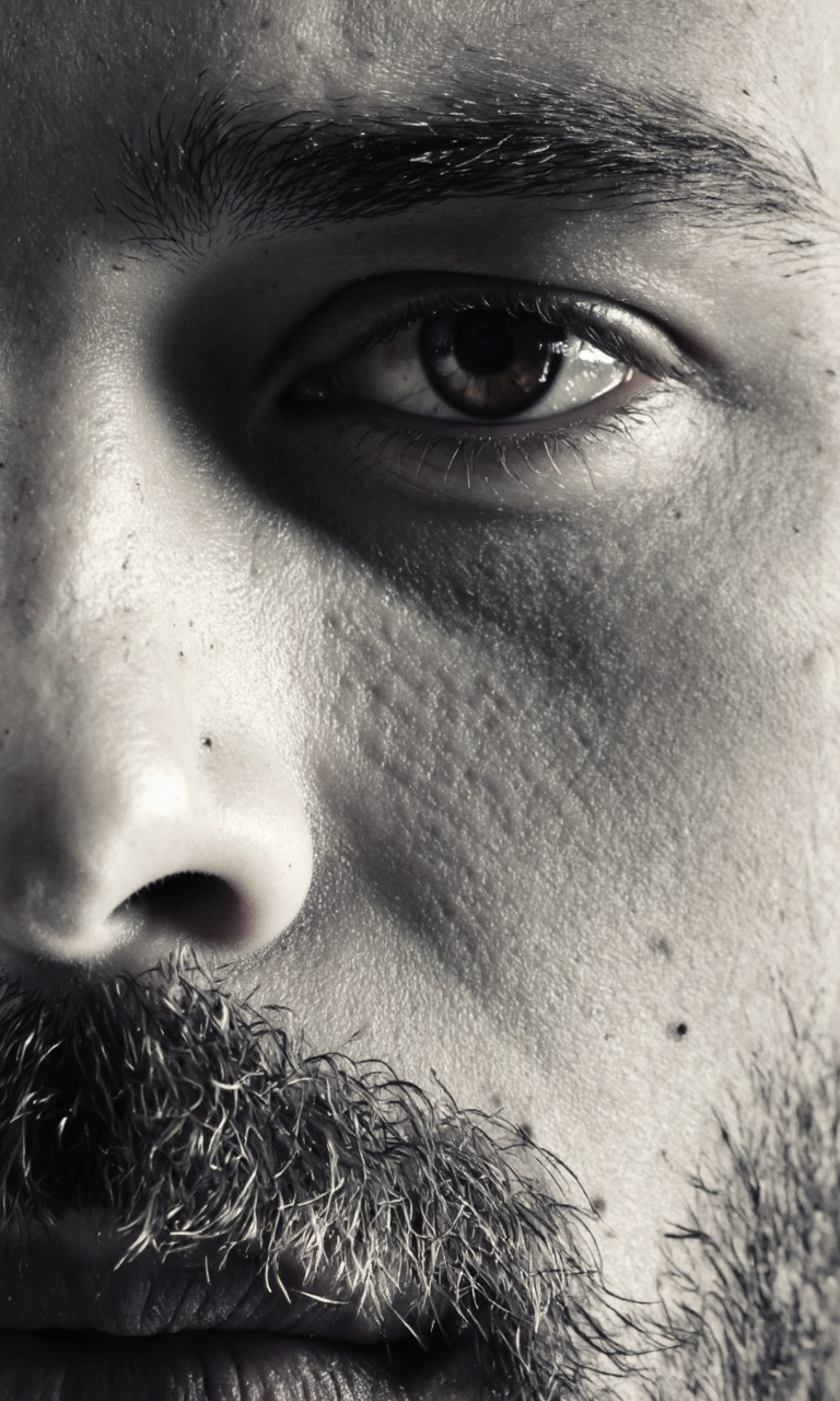 Rembrandt Lighting. A close-up, monochrome portrait of a man with a serious expression, captured from a close up camera angle. the image is focused on the face and upper body of the man, showcasing his facial features in detail. the man appears to be in his early twenties, with a light skin tone and a thick beard and mustache. he is looking directly at the viewer with a neutral expression, and his eyes are a deep brown color. his nose is slightly upturned, and he has a small, piercing in the center of his nose. his lips are slightly parted, revealing a hint of his teeth. the lighting is soft and diffused, highlighting the texture of his skin, and the background is blurred, emphasizing the focus on the man's face and facial features. the overall mood is intense and contemplative, with the focus being on his serious expression and the subtle details of his facial hair and beard.