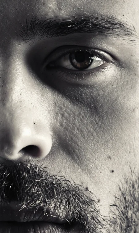 Rembrandt Lighting. A close-up, monochrome portrait of a man with a serious expression, captured from a close up camera angle. the image is focused on the face and upper body of the man, showcasing his facial features in detail. the man appears to be in his early twenties, with a light skin tone and a thick beard and mustache. he is looking directly at the viewer with a neutral expression, and his eyes are a deep brown color. his nose is slightly upturned, and he has a small, piercing in the center of his nose. his lips are slightly parted, revealing a hint of his teeth. the lighting is soft and diffused, highlighting the texture of his skin, and the background is blurred, emphasizing the focus on the man's face and facial features. the overall mood is intense and contemplative, with the focus being on his serious expression and the subtle details of his facial hair and beard.