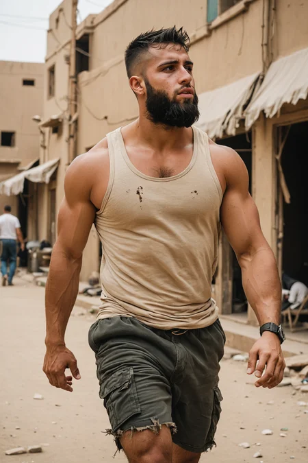 movement, bara, buff, thicc, muscular, 20yo, tank top, iraqi, scruffy, shabggy, cinematic, dramatic, stunning photo, tanned, candid, tough guy, walking, (side view:0.2)