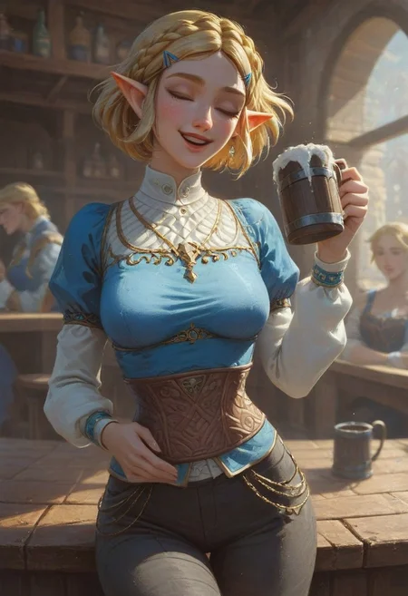 1dk, 30yo woman, 1girl,
blue shirt, black pants, hairclips, princess zelda, blonde hair, short hair, green eyes,
medium breasts,
on a medieval tavern, tavern,
(laughing, closed eyes, drinking ale, drinking ale from a mug,)
score_9, score_8_up, score_7_up, 8k,
very detailed, high detailed texture, depth of field, cinematic illumination, volumetric lighting, rating_questionable, dark,