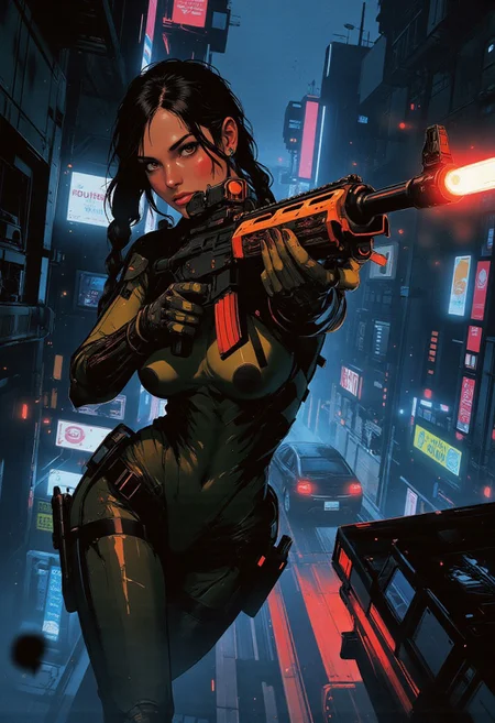 magnificent, closeup portrait, female bounty hunter, braided black hair, futuristic armor, halo spartan, spartan armor, sexy, curvy, large breasts, large ass, aiming a sniper rifle, sniper rifle, aiming rifle, holstered pistol, Cyberpunk City, Neon Lights, foreshortening,
solo, Dynamic angle, unique angle,
Cowboy Shot, close up, from above,