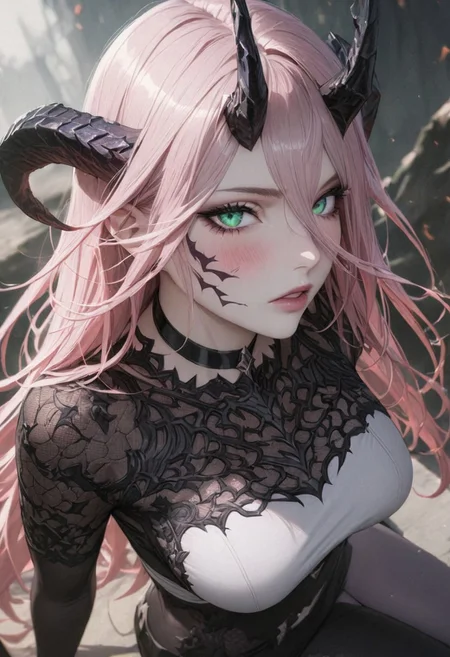 1woman, solo,  long hair, pink hair, black choker, green eyes, one eye covered by hair, eyeliner, gorgeous lips, tights, medium breasts
cinematic, (masterpiece), (best quality), (ultra-detailed), very aesthetic, illustration, detailed eyes, perfect eyes, detailed  face, (beautiful detailed face, beautiful detailed eyes) ,extreme details eyes
Masterpiece, solo, blush, , shirt, black horns, dark horns, red eyes, sitting , black dragon horns, hailoknight, pale skin, focus, horns. bankai of blood. unleshed, fullbody, dark fantasy background