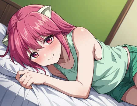 score_9, score_8_up, score_7_up, source_anime,
elfenliedlucy, <lora:elfen-lied-lucy-ponyxl-lora-nochekaiser:1>
lucy, long hair, pink hair, horns, pink eyes, smile,
shorts, tank top, green shorts, white tank top,
indoors, bed, bed room, on side, blush, drunk,
looking at viewer, dutch angle, cowboy shot,