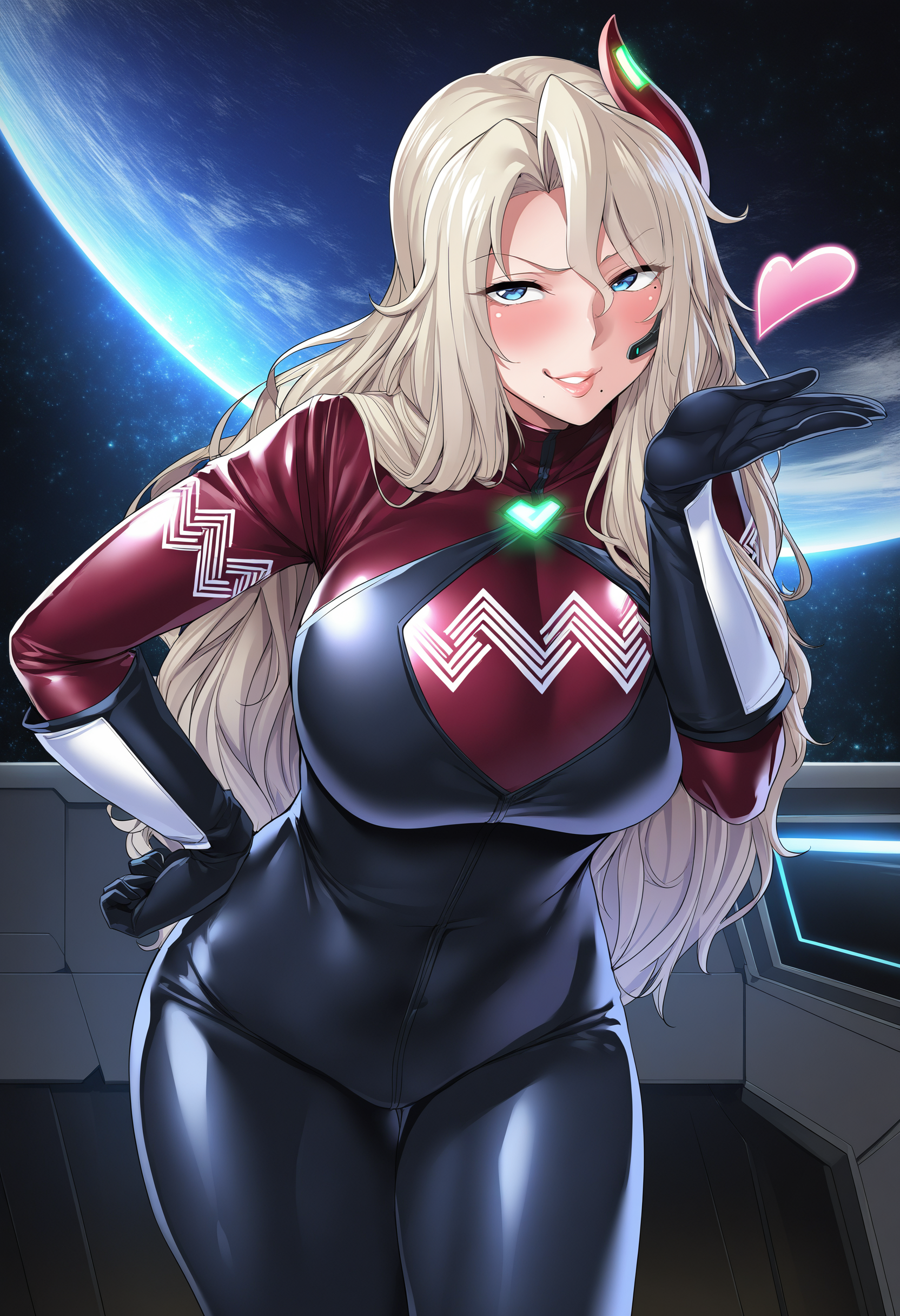 masterpiece, good quality, best quality, absurdres, highres, very awa,
Eliza Perlman, standing, cowboy shot, hand on own hip, blowing kiss, heart,
1girl, mature female, solo,
(looking at viewer:1.1), eye contract, determined, blush, smirk, sideways glance, 
blonde hair, long hair, lips, blue eyes, headset, mole under eye, mole under mouth,
black bodysuit, red bodysuit, black gloves,
large breasts, thighs,
indoors, science fiction, spacecraft interior, space, starry sky,
<lora:Eliza Perlman 3216 NoobAIXL Vpred:1> 5 fingers, fingers