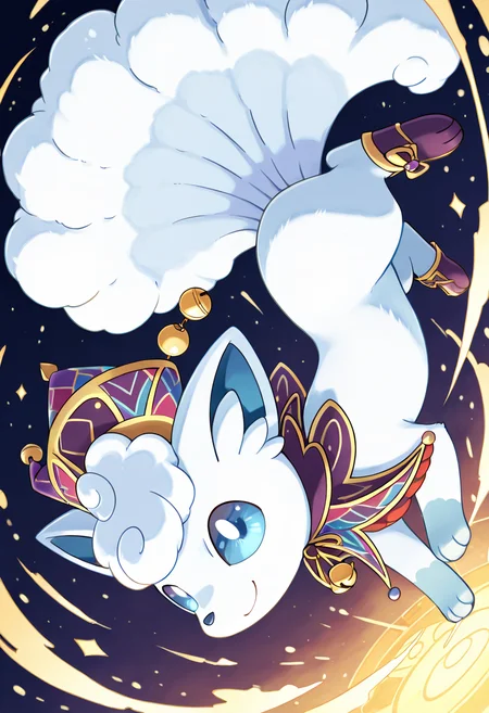 masterpiece, best quality, (no humans:1.1), solo, smile, looking at viewer, dynamic angle, foreshortening, close up,      zzVulpixA, fluffy, white fur,  ,<lora:VulpixAlolanPokedex_IXL_v1:1.0>,   [Court Jester], multicolored tunic with a diamond pattern, jingle bells on the sleeves and shoes, pointed hat with colorful fabric flaps, tight leggings in alternating colors, painted face with exaggerated features, juggling balls in her hands, performing before a royal court in a grand stone hall filled with laughter and festivity,