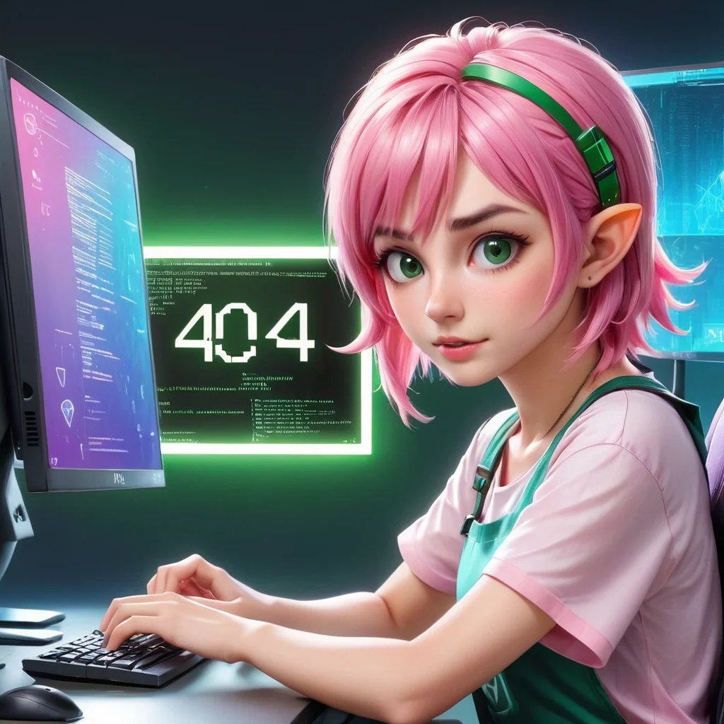 <lora:404-CIvitAI-lora:1>404, text 404, logo 404, Civitai404, ffusion404, a girl with pink hair sitting at a computer, crazy hacker girl, cute girl with short pink hair, with pink hair, cyber school girl, sitting at a computer, short unkempt green hair, in front of a computer, link from zelda using computer, sitting in front of computer, creative coder with a computer
