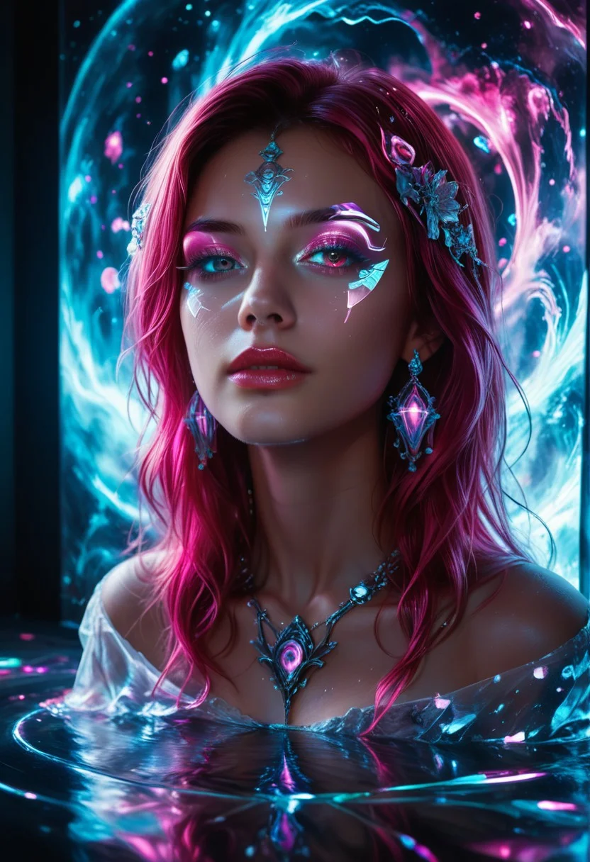 masterpiece, best quality, highres, realistic,
score_9, score_8_up, score_7_up,
Digital art, illustration, close-up. Face of a beautiful woman. Reflection in the eyes shows a fantasy world. Surrealism and digital manipulation. Concept art, painting, imaginative worlds, digital illustration, surreal composition, vibrant colors, dynamic dramatic atmosphere, dynamic cinematic colors, flowing, best, unique, fracolor, g0thicPXL, glowing, neon, full body view