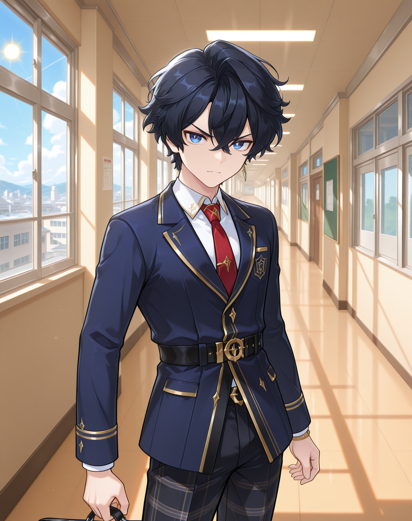 masterpiece,best quality,amazing quality, newest, very aesthetic, absurdres,
1boy, solo, yaoi, male focus, looking at viewer, cowboy shot,
 <lora:Noah_Celestia_ilxl:1> noahcl, short hair, black hair, hair between eyes, blue eyes, crossed bangs, v-shaped eyebrows,
school uniform, white shirt, collared shirt, blue jacket, red necktie, black pants, plaid pants,
indoors, school, hallway, window, day, sun,