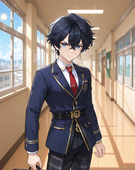masterpiece,best quality,amazing quality, newest, very aesthetic, absurdres,
1boy, solo, yaoi, male focus, looking at viewer, cowboy shot,
<lora:Noah_Celestia_ilxl:1> noahcl, short hair, black hair, hair between eyes, blue eyes, crossed bangs, v-shaped eyebrows,
school uniform, white shirt, collared shirt, blue jacket, red necktie, black pants, plaid pants,
indoors, school, hallway, window, day, sun,