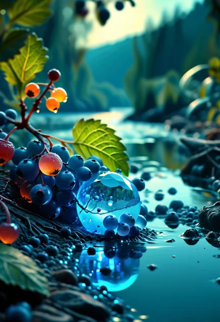 (8k analog nature photography:1.2), (a beautiful landscape:1.1) Extreme realism,  Insanely realistic, with a river in the distance, shiny sapphire (crystal:1.2) berries ,<lora:Bio-Luminescence:1> bioluminescent, glowing, focus on the fruit.