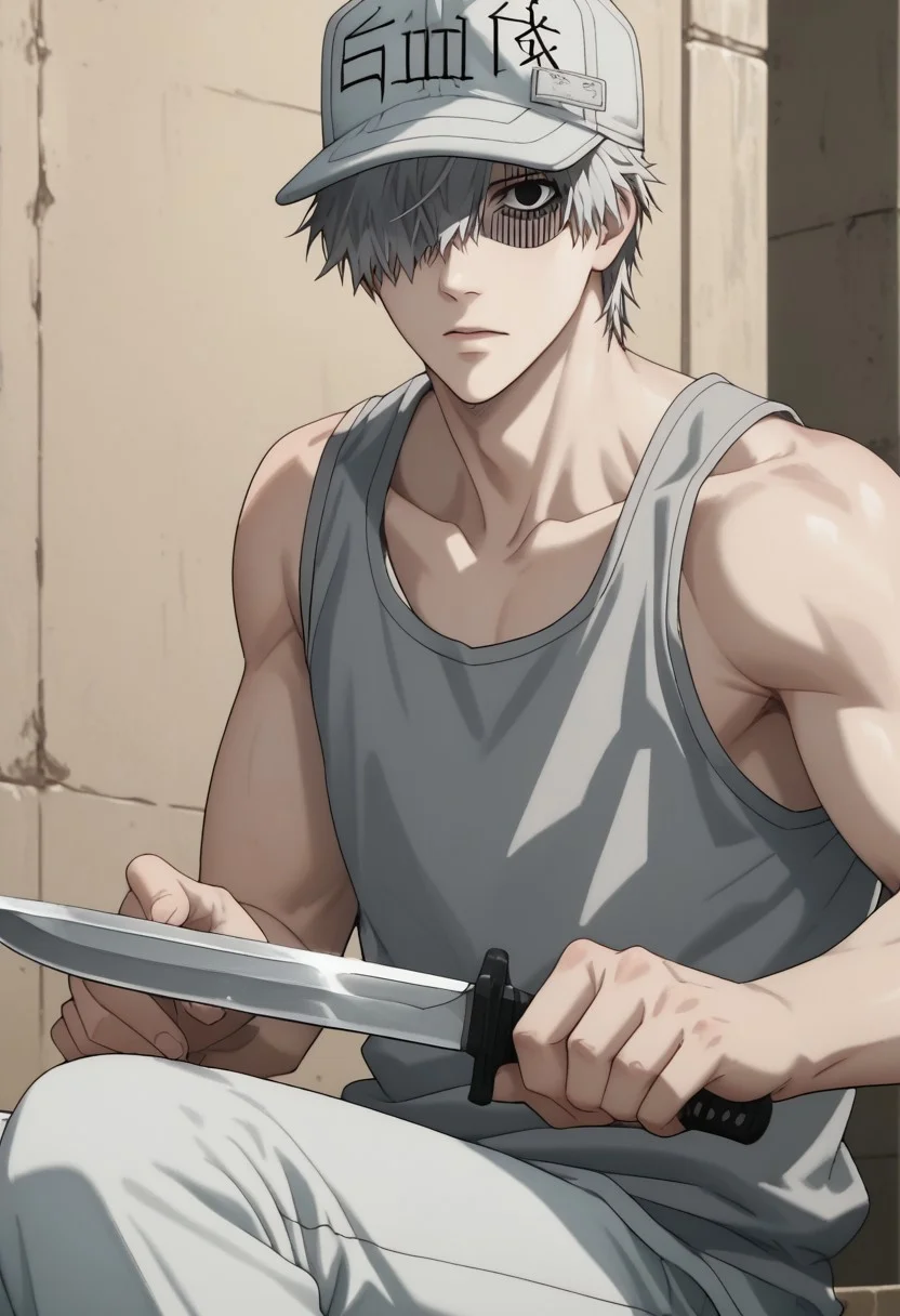 score_9, score_8_up, score_7_up, source_anime, rating_safe, holding knife, Neucell, 1boy, male focus, anime screencap, black eye, pale skin, white cap, grey tank top, white pants, cut off legs, hands with five fingers,