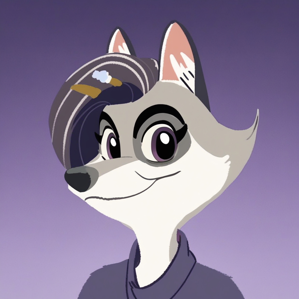 score_9,score_8,score_7, violet_wolf, violet_wolf_great_wolf_lodge, wolf girl, furry female, female, 1girl, solo, animal ears, purple eyes, furry, closed mouth, portrait, purple background, looking at viewer, gradient background, gradient, hair ornament, simple background, two-tone fur, :3, body fur, short hair, smile, wolf ears, fanart