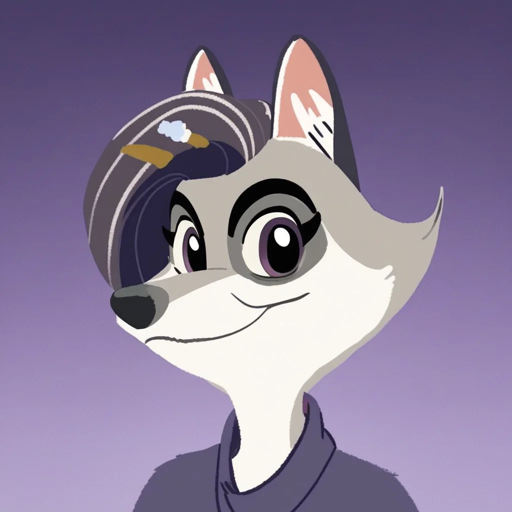 score_9,score_8,score_7, violet_wolf, violet_wolf_great_wolf_lodge, wolf girl, furry female, female, 1girl, solo, animal ears, purple eyes, furry, closed mouth, portrait, purple background, looking at viewer, gradient background, gradient, hair ornament, simple background, two-tone fur, :3, body fur, short hair, smile, wolf ears, fanart