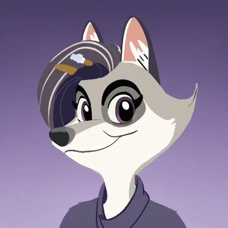 score_9,score_8,score_7, violet_wolf, violet_wolf_great_wolf_lodge, wolf girl, furry female, female, 1girl, solo, animal ears, purple eyes, furry, closed mouth, portrait, purple background, looking at viewer, gradient background, gradient, hair ornament, simple background, two-tone fur, :3, body fur, short hair, smile, wolf ears, fanart