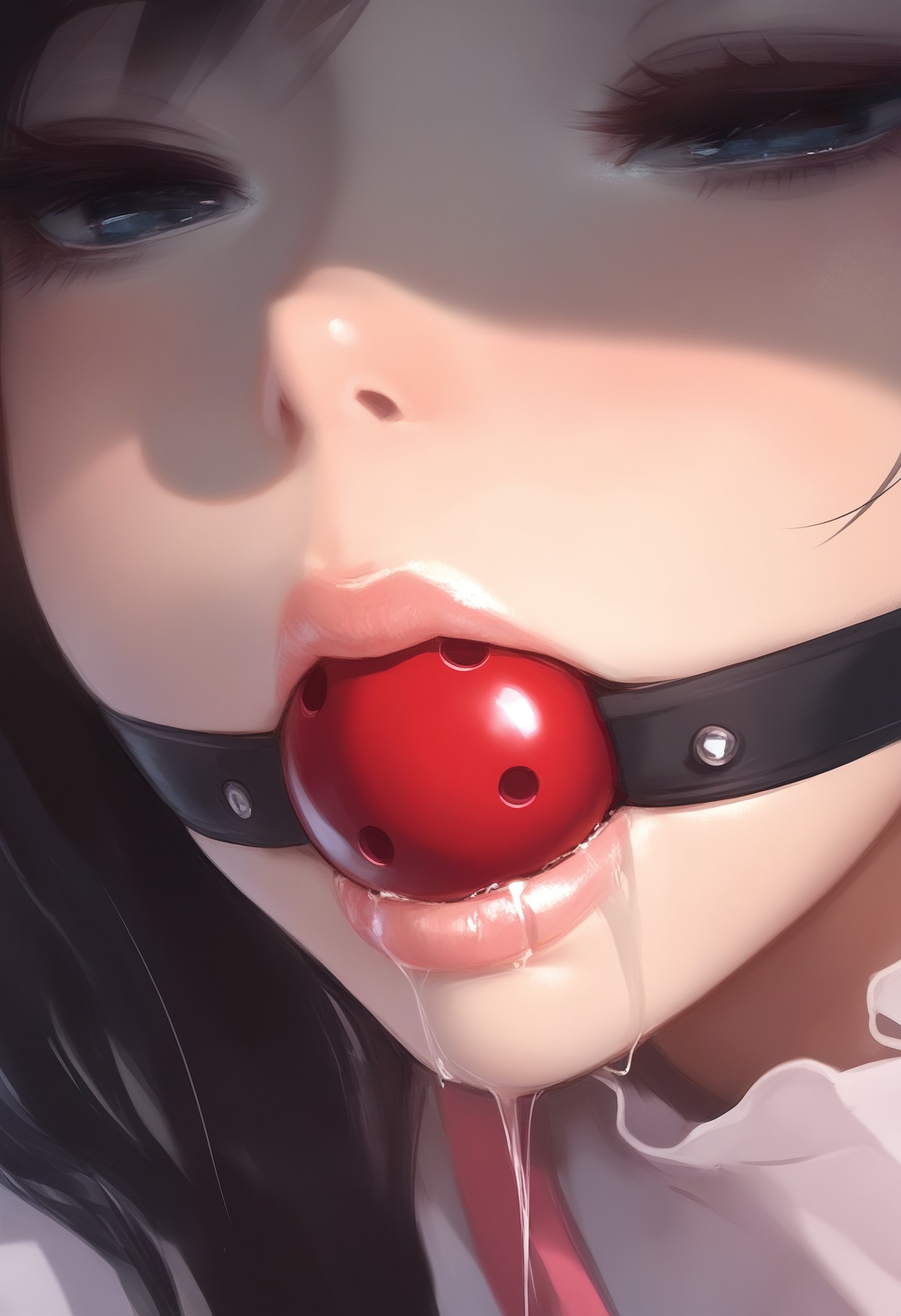 masterpiece, best quality, 1girl, solo, close-up, lips, ball gag, gagged, drooling<lora:1equals2_v1_5_noob:1.0>