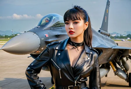 (21yo Jannine Parawie Weigel Ploychompoo (@jannineweigel) no bra But wore only a shiny leather jacket and leather trousers, ray ban teardrop sunglasses, Block Heel Tie Thigh High Boots, (Bangs), (smooth black hair, and tied in a ponytail, leather collar:1.3), detailed background, good anatomy, (perfect face, perfect eyes, eyes focus on a viewer, dynamic pose, Realistic, hyperrealistic, extreme portrait closeup shot:1.4), HDR 16K, masterpieces, top quality, best quality, official art, 8k, (background is Royal Thai Air Force airport including thailand F16 and thailand
rippen jet hangar:1.2),The jacket does not zip up, floating hairs,
((Compose the image to primarily focus on the girl model, showing her body up to hips Then gradually incorporate other background elements such as jet airplanes), (It is not necessary to see something focus on the upper half of the girl model):1.4), focus on the model's face,
(35mm, F/2.8) (insanely detailed and intricate, hypermaximalist, elegant, beautiful, revealing, appealing, attractive, amative, hyper realistic, super detailed, <lora:EdobF16_v1.0:0.8>