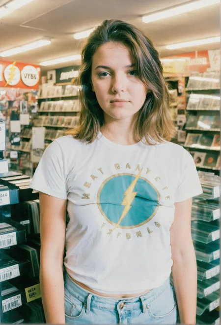 90s flash photo, light leak, analog photo, a girl wearing a white t-shirt standing in the vinyl store